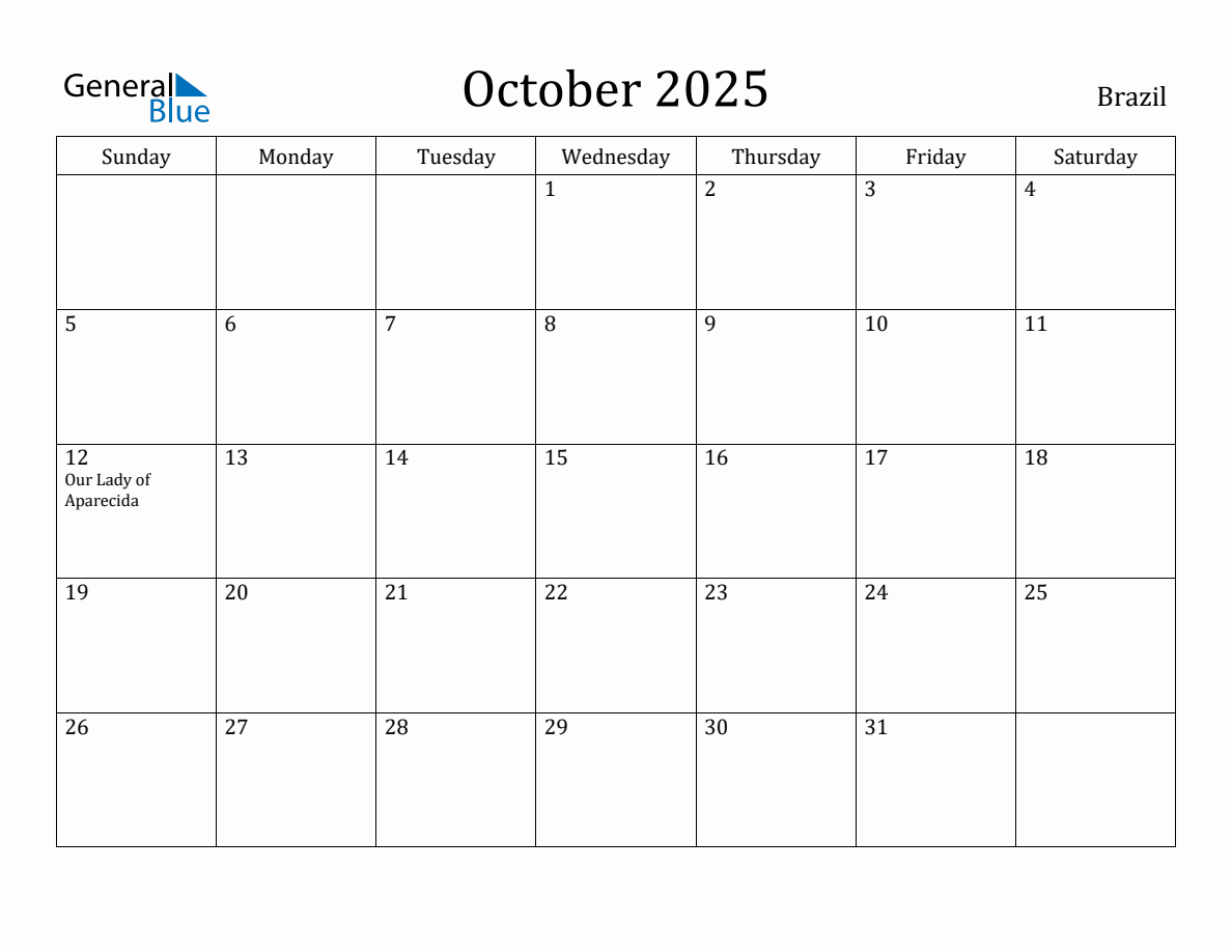 October 2025 Monthly Calendar with Brazil Holidays
