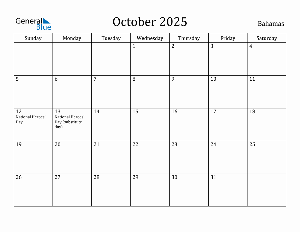 October 2025 Monthly Calendar with Bahamas Holidays