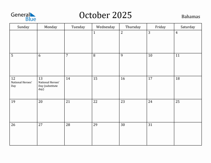October 2025 Calendar Bahamas