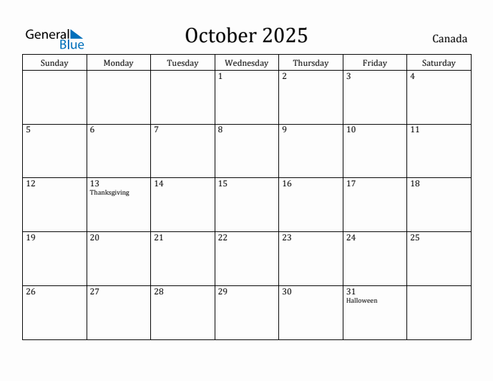 October 2025 Calendar Canada