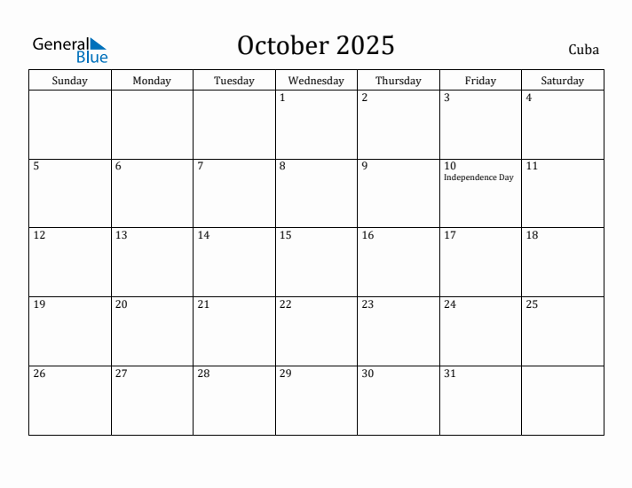 October 2025 Calendar Cuba