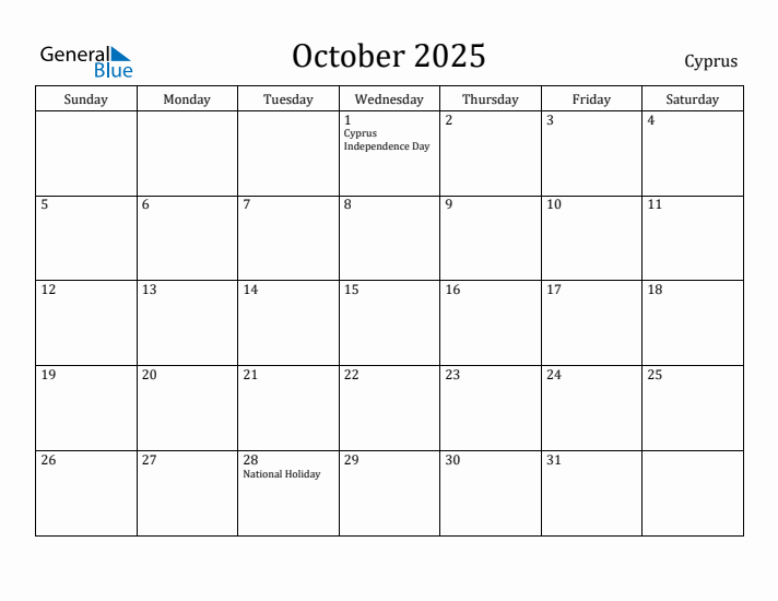 October 2025 Calendar Cyprus