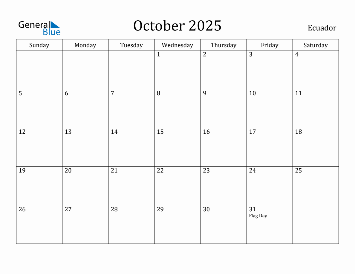 October 2025 Monthly Calendar with Ecuador Holidays