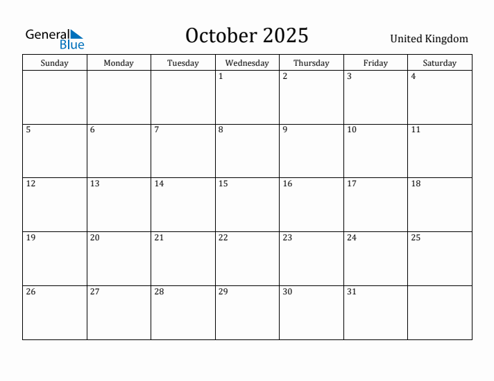 October 2025 Calendar United Kingdom