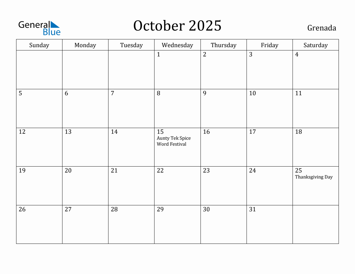 October 2025 Monthly Calendar with Grenada Holidays