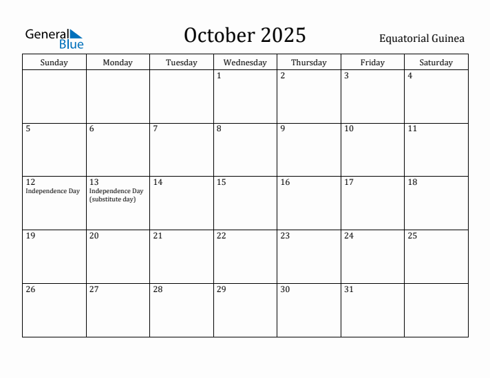 October 2025 Calendar Equatorial Guinea