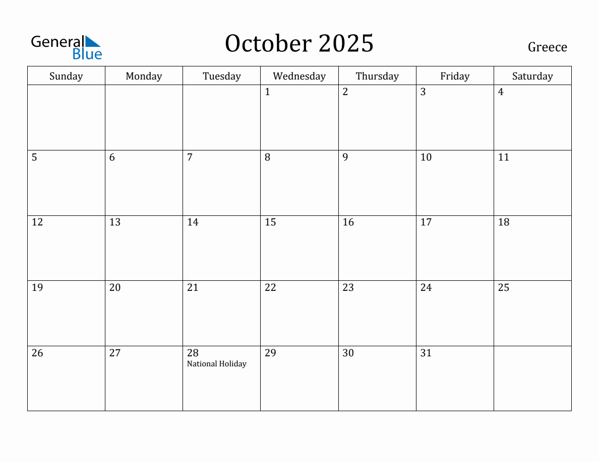 October 2025 Monthly Calendar with Greece Holidays