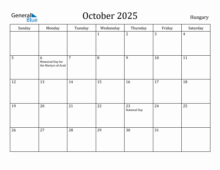 October 2025 Calendar Hungary
