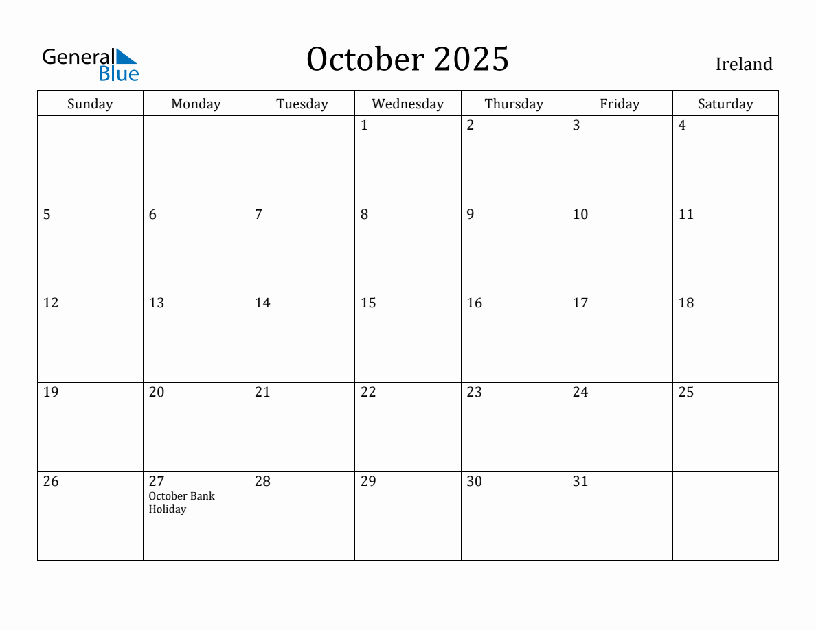 October 2025 Monthly Calendar with Ireland Holidays