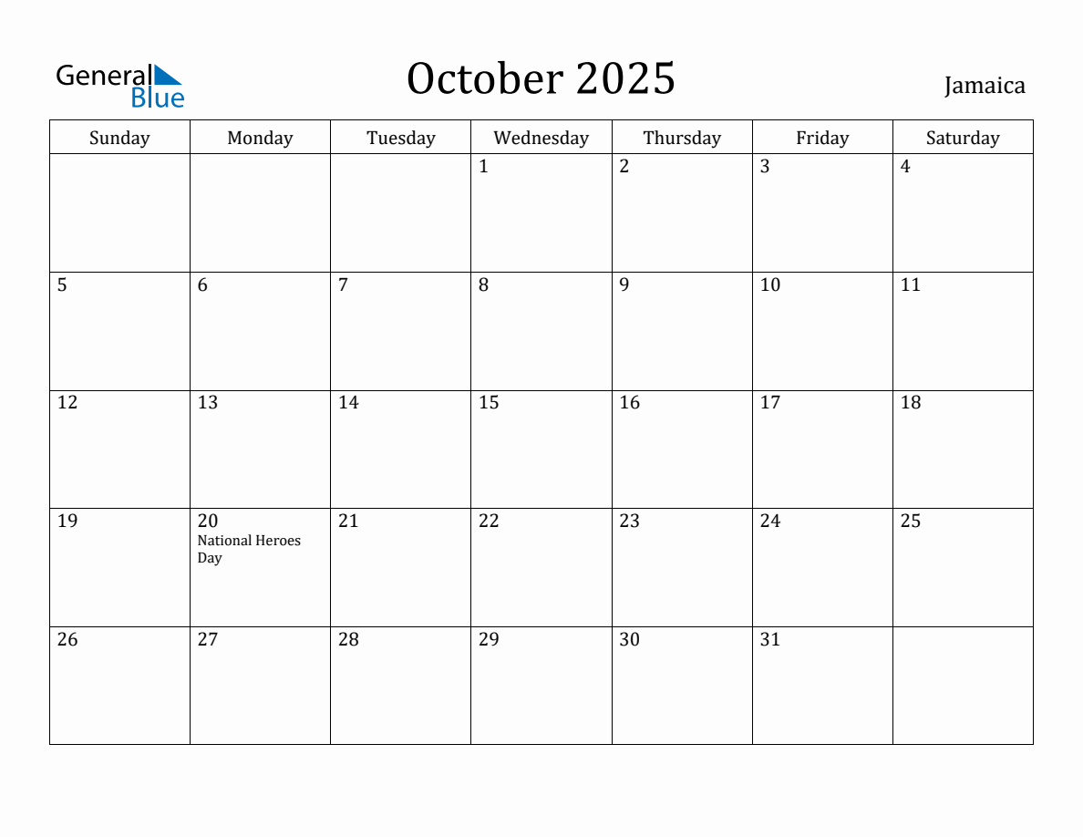 October 2025 Monthly Calendar with Jamaica Holidays