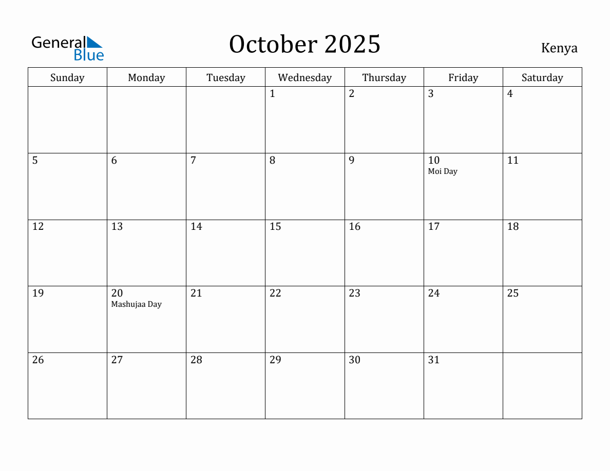 October 2025 Monthly Calendar with Kenya Holidays