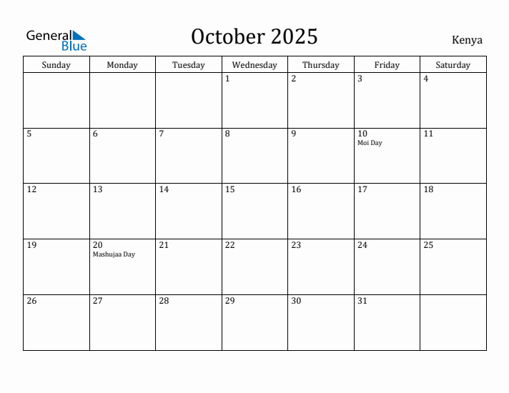 October 2025 Calendar Kenya