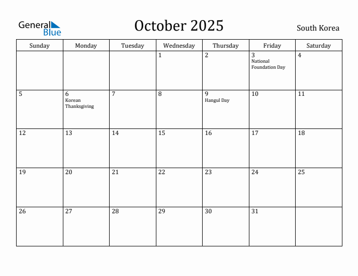 October 2025 Monthly Calendar with South Korea Holidays