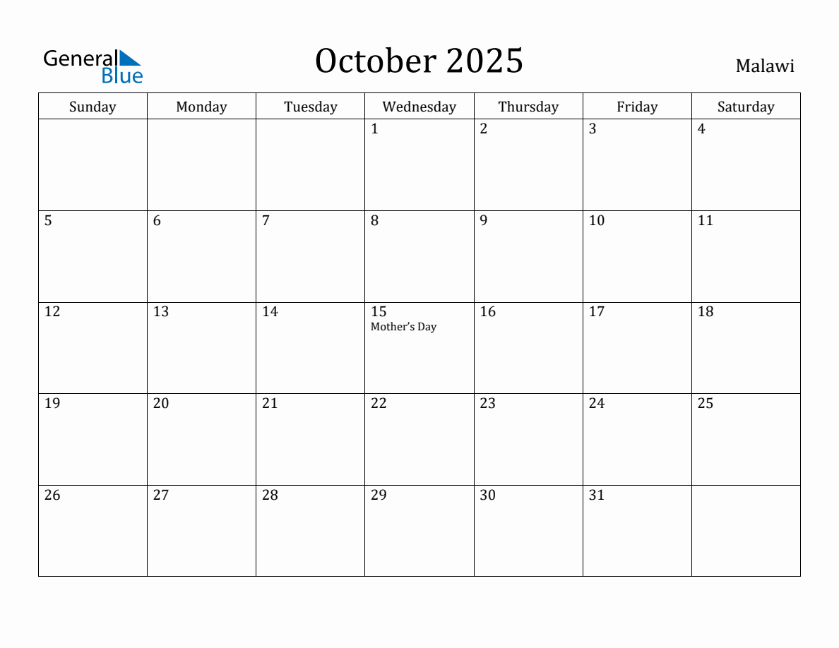 October 2025 Monthly Calendar with Malawi Holidays