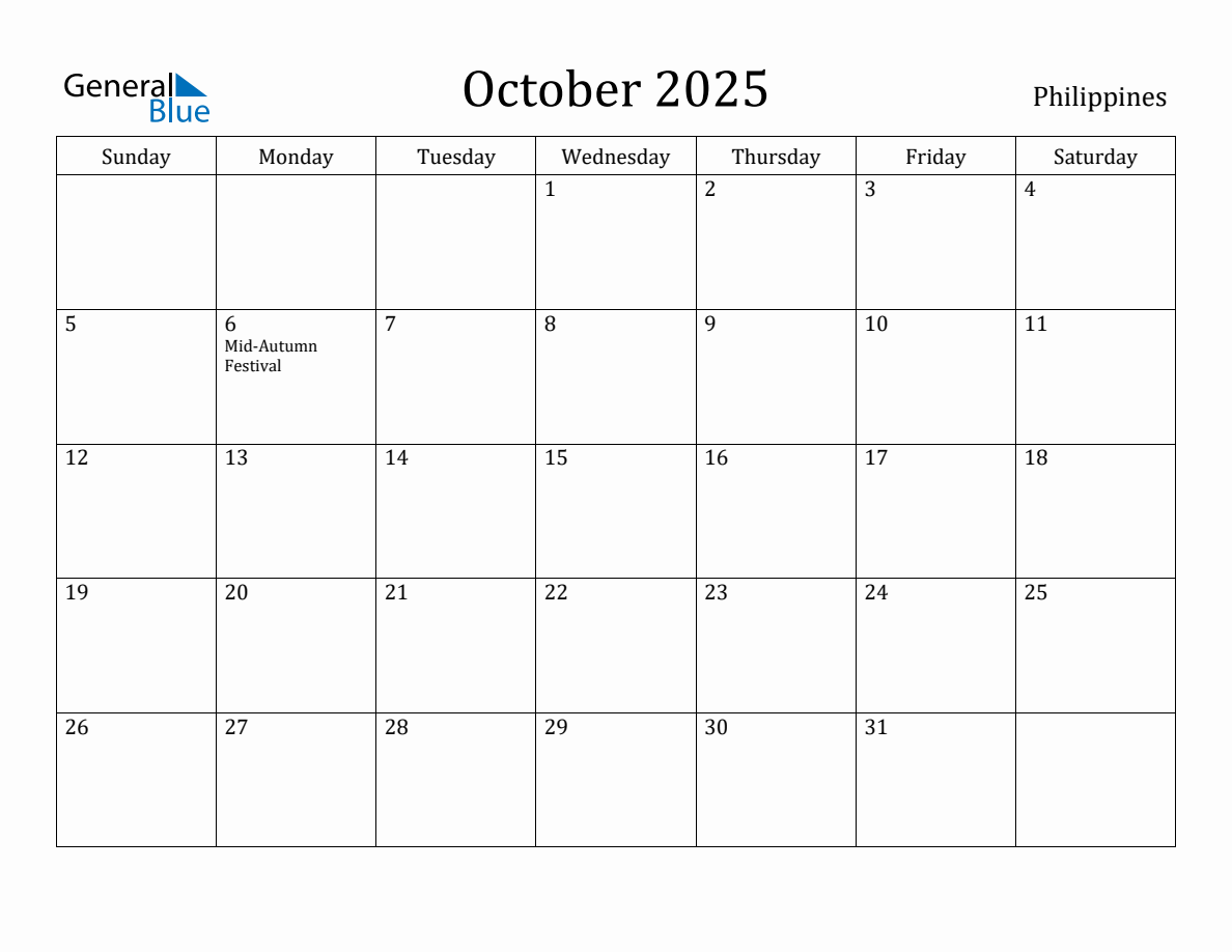 October 2025 Monthly Calendar with Philippines Holidays