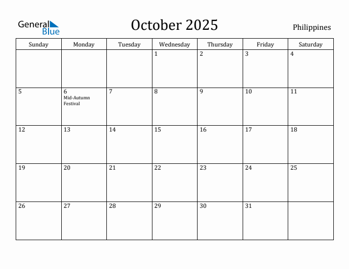 October 2025 Monthly Calendar with Philippines Holidays