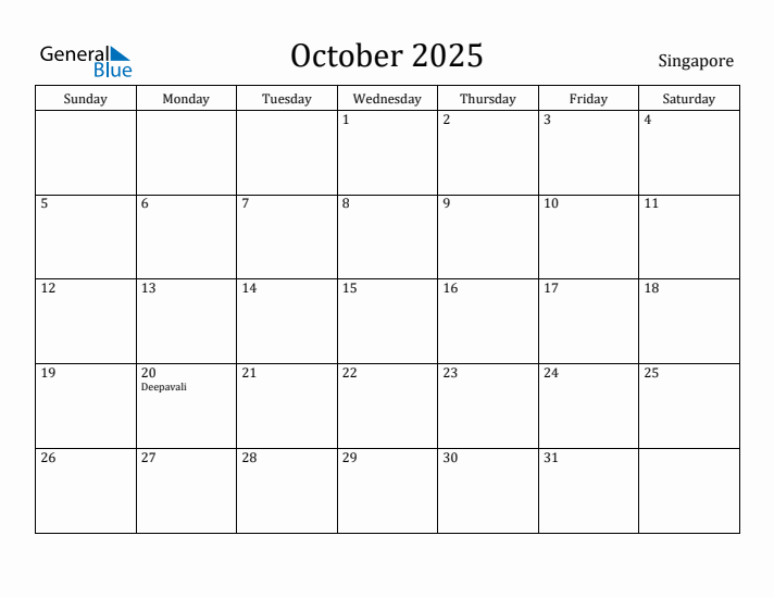 October 2025 Monthly Calendar with Singapore Holidays