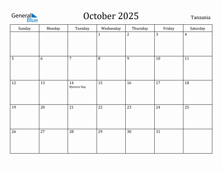 October 2025 Calendar Tanzania