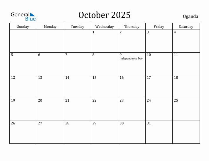 October 2025 Calendar Uganda