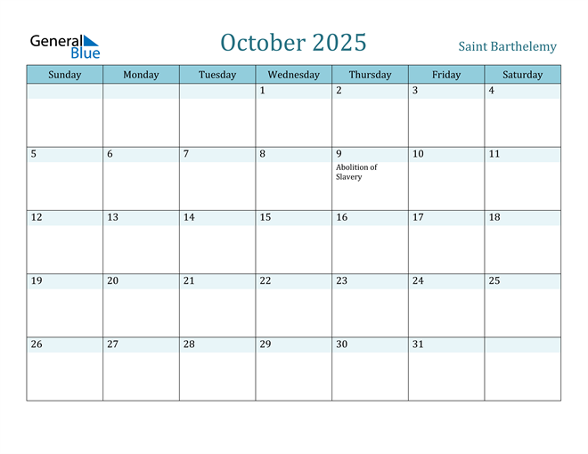 October 2025 Calendar with Saint Barthelemy Holidays