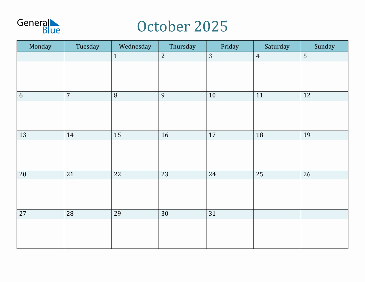 October 2025 Monthly Calendar Template (Monday Start)