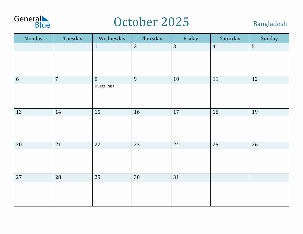 Bangladesh Holiday Calendar for October 2025