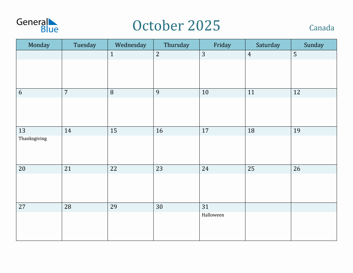 Canada Holiday Calendar for October 2025