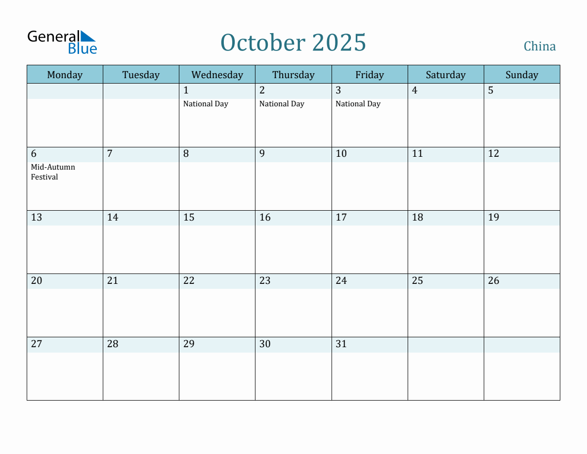 China Holiday Calendar for October 2025