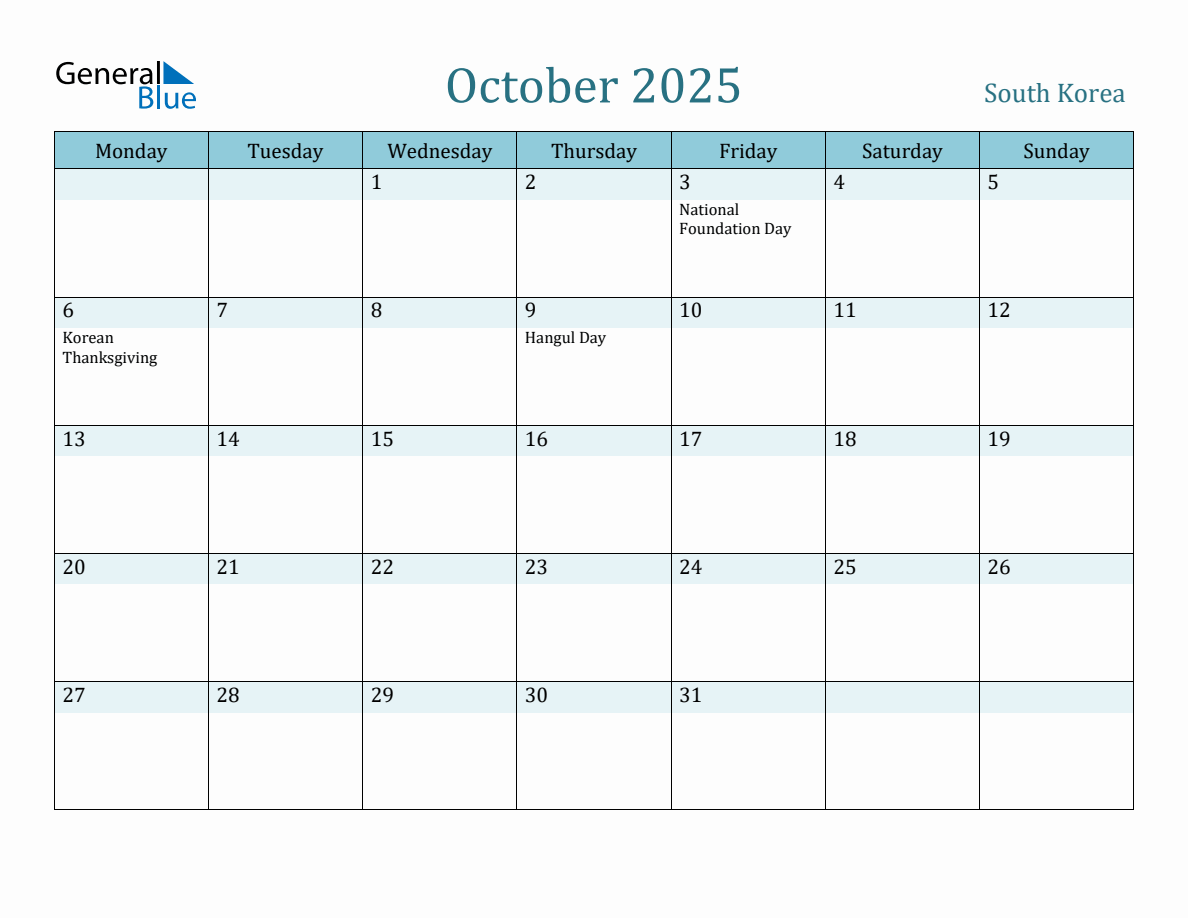 South Korea Holiday Calendar for October 2025