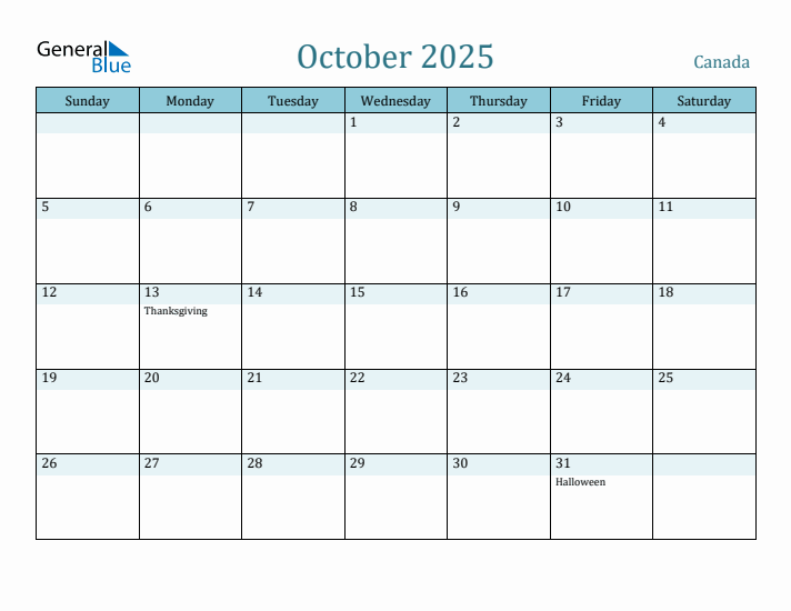Free Printable October 2025 Calendar for Canada
