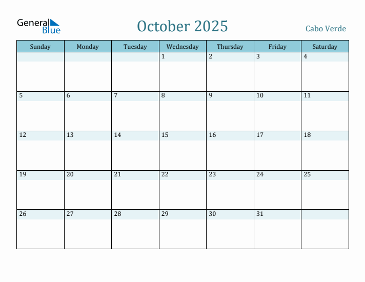 Cabo Verde Holiday Calendar for October 2025