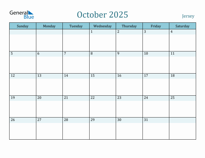 Jersey Holiday Calendar for October 2025