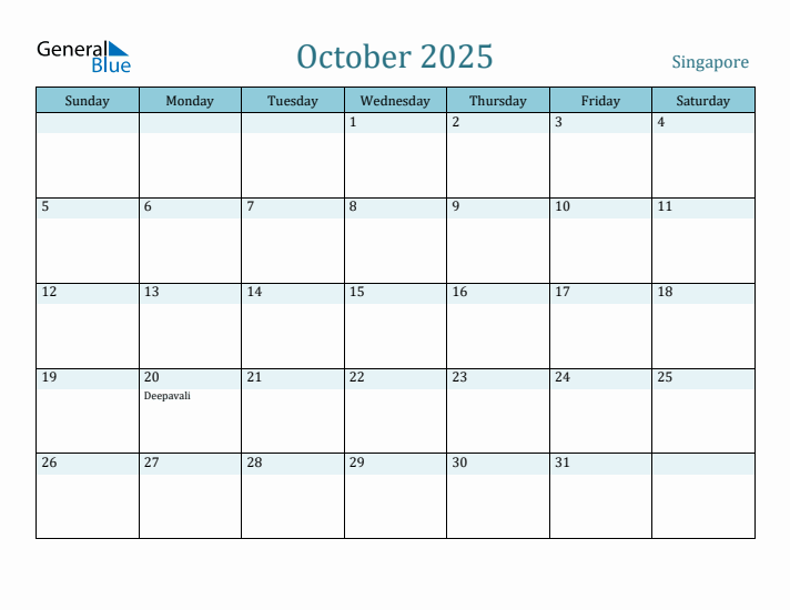 October 2025 Monthly Calendar with Singapore Holidays