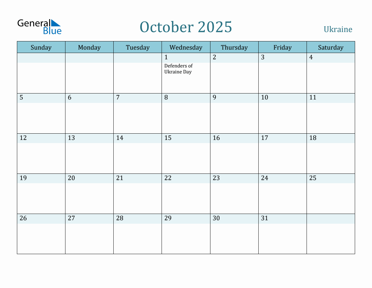 Ukraine Holiday Calendar for October 2025