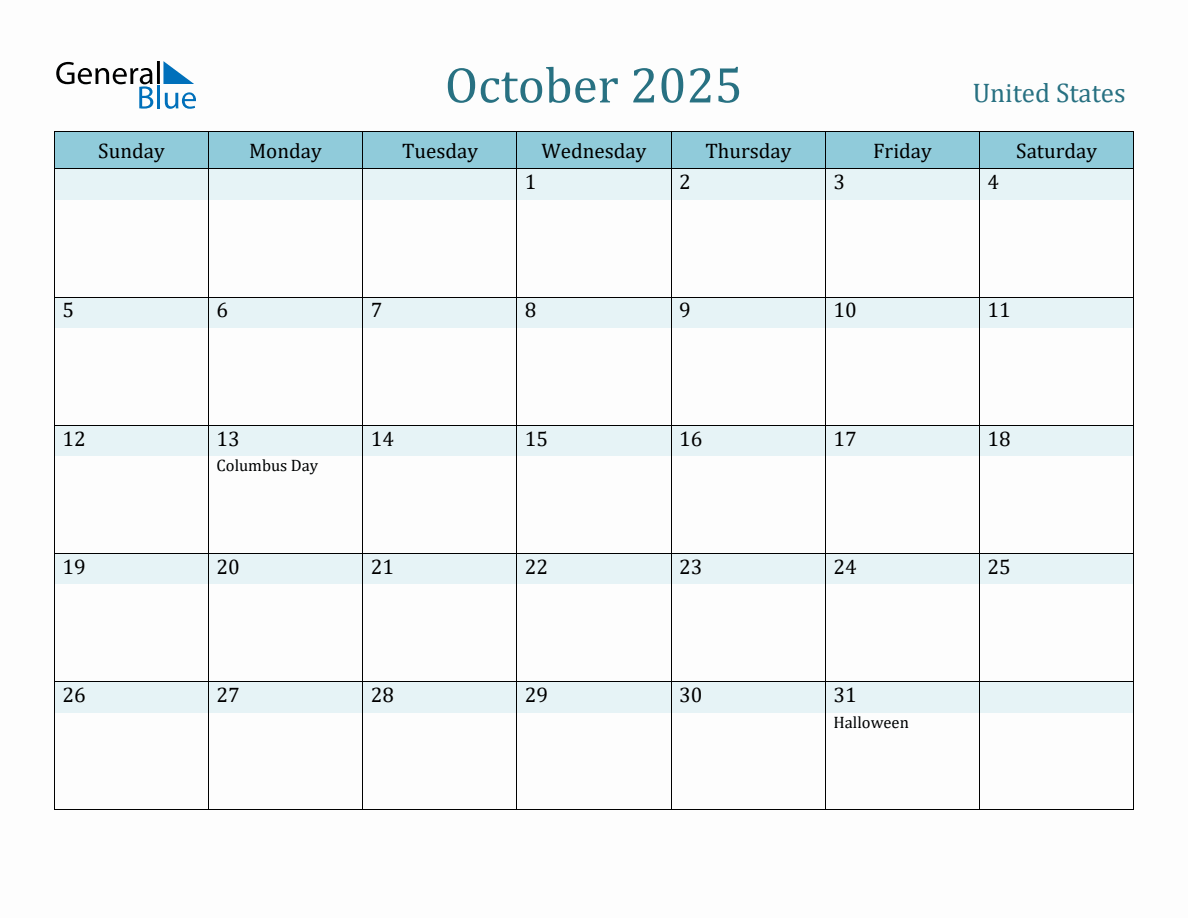 United States Holiday Calendar for October 2025