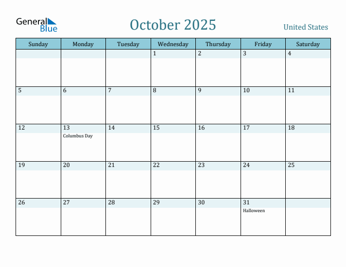 October 2025 Monthly Calendar with United States Holidays