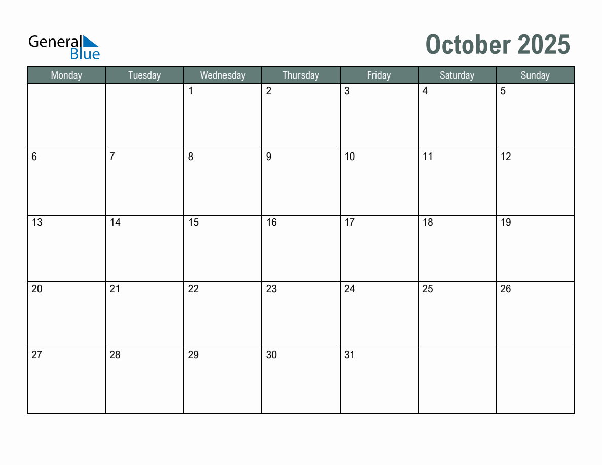 Blank October 2025 Monthly Calendar Template