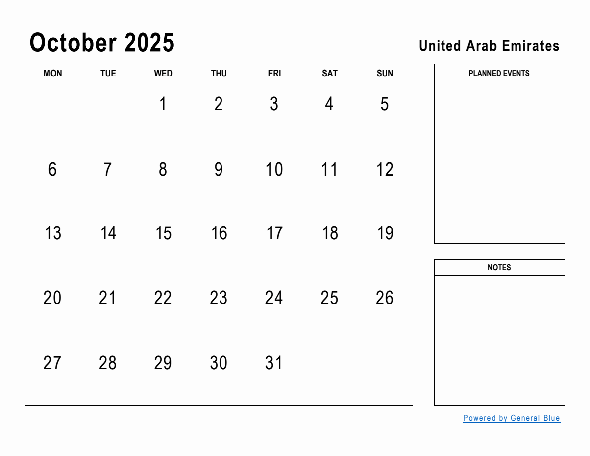 October 2025 Planner with United Arab Emirates Holidays