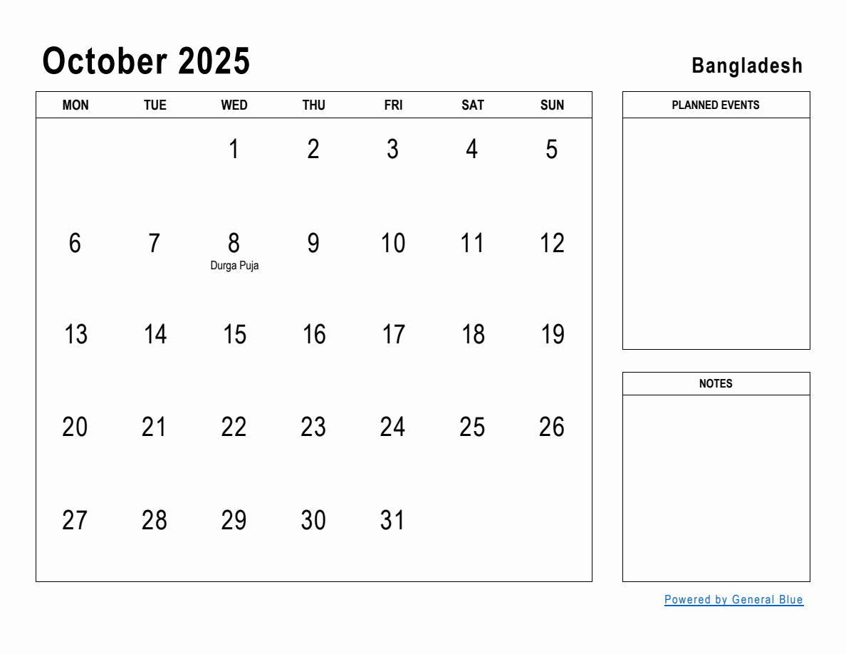 October 2025 Planner with Bangladesh Holidays