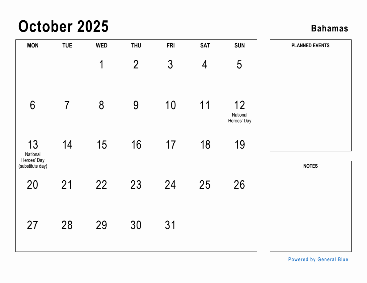 October 2025 Planner with Bahamas Holidays