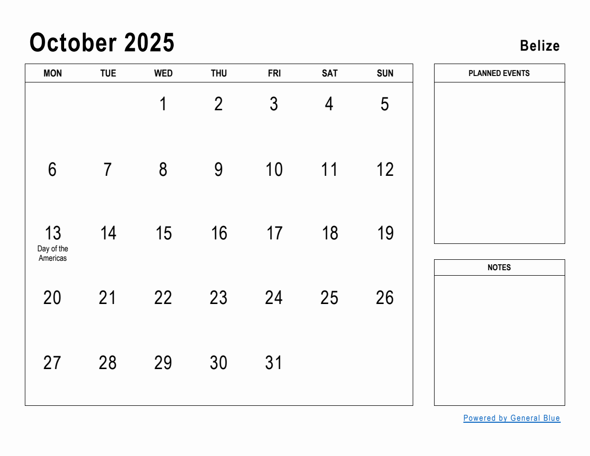 October 2025 Planner with Belize Holidays