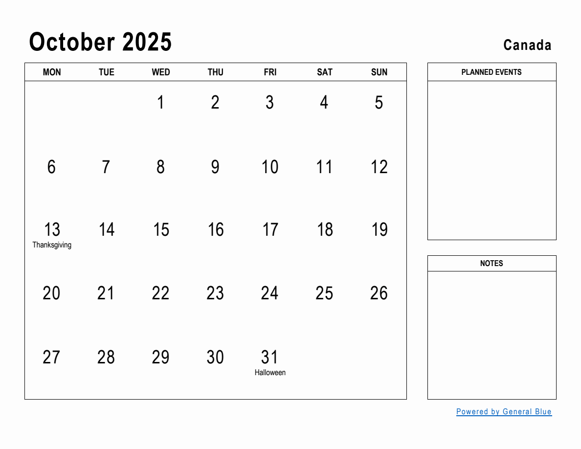 October 2025 Planner with Canada Holidays