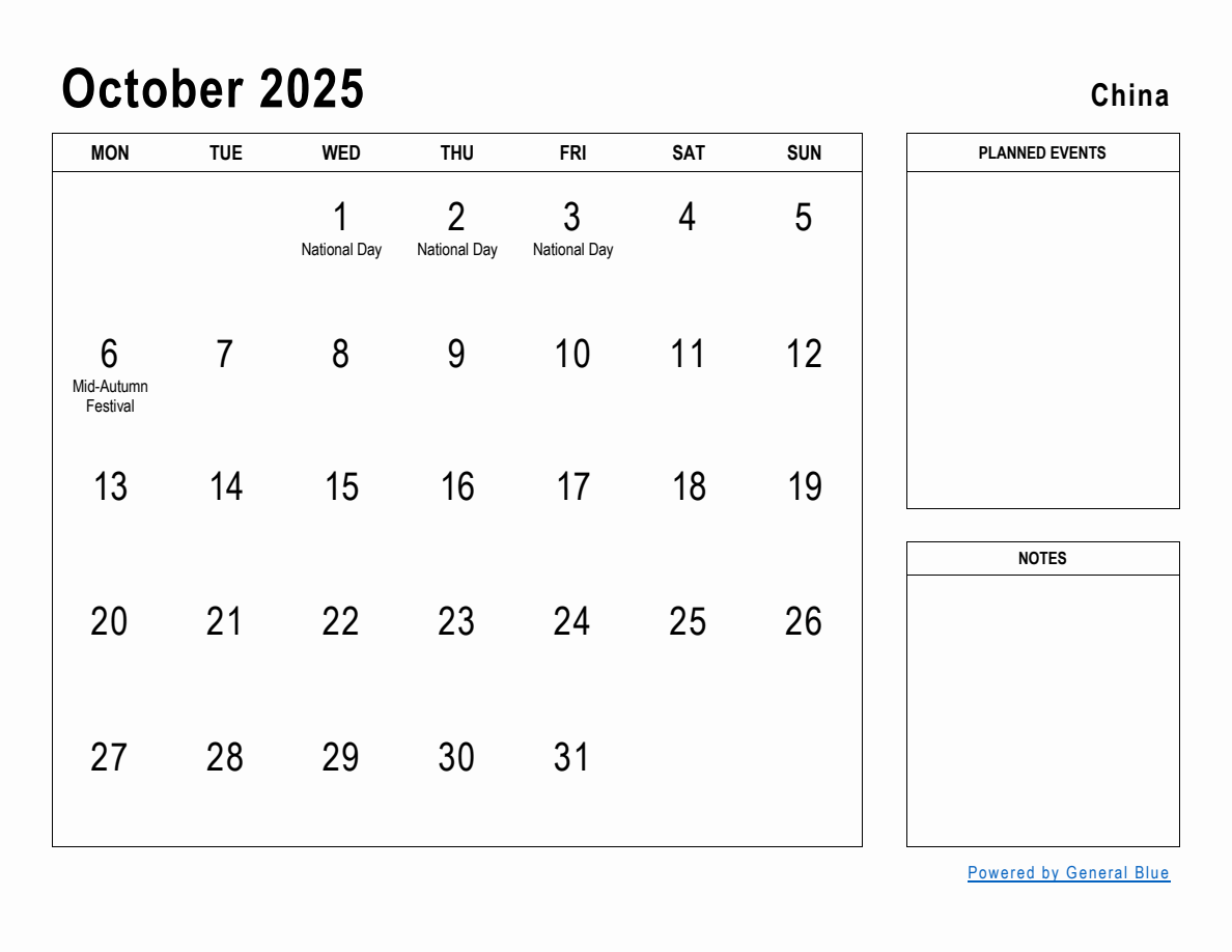 October 2025 Planner with China Holidays