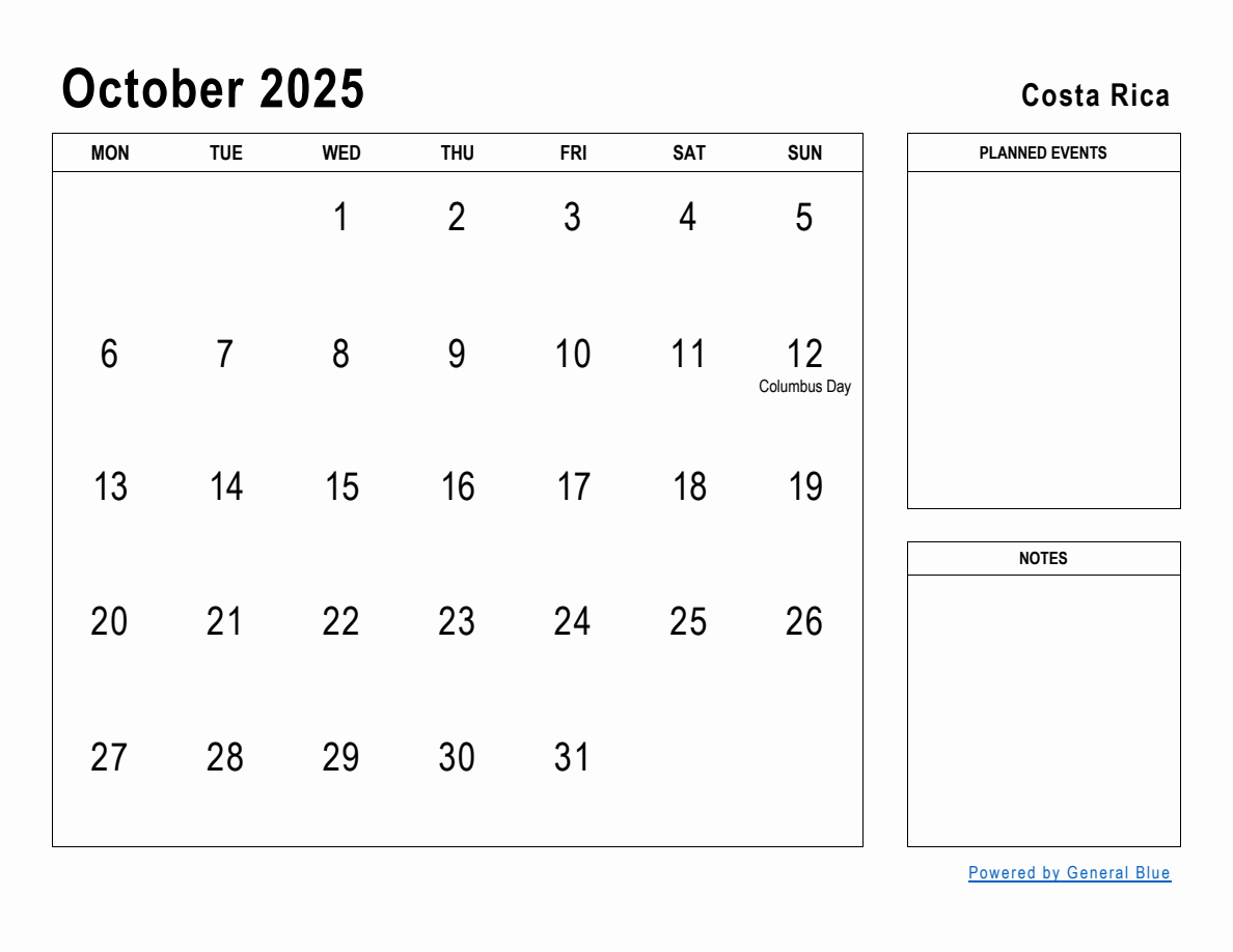 October 2025 Planner with Costa Rica Holidays