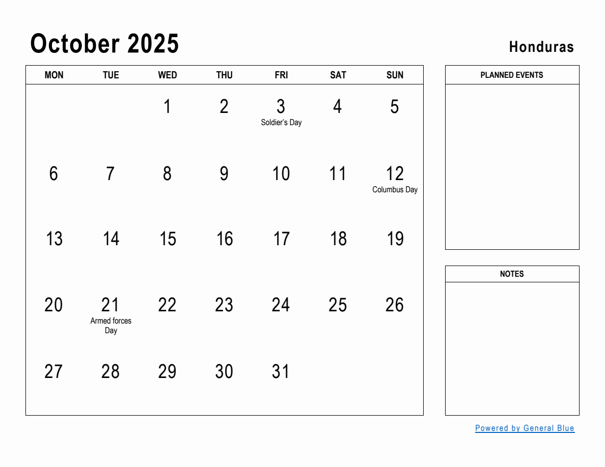 October 2025 Planner with Honduras Holidays