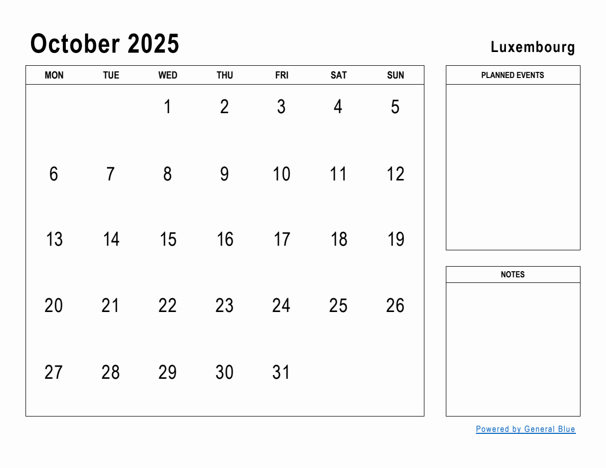 October 2025 Planner with Luxembourg Holidays