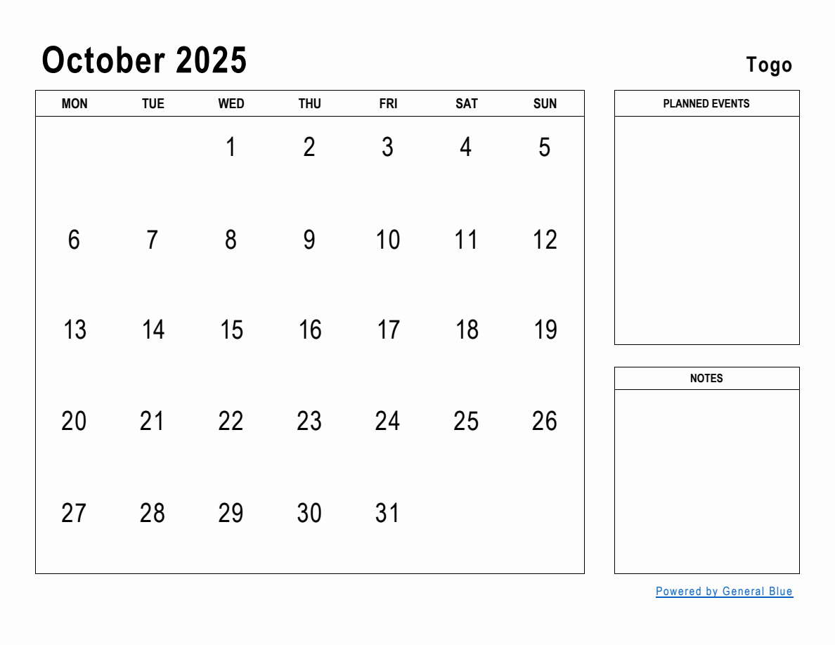 October 2025 Planner with Togo Holidays