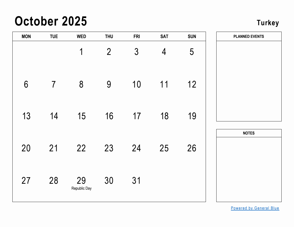 October 2025 Planner with Turkey Holidays