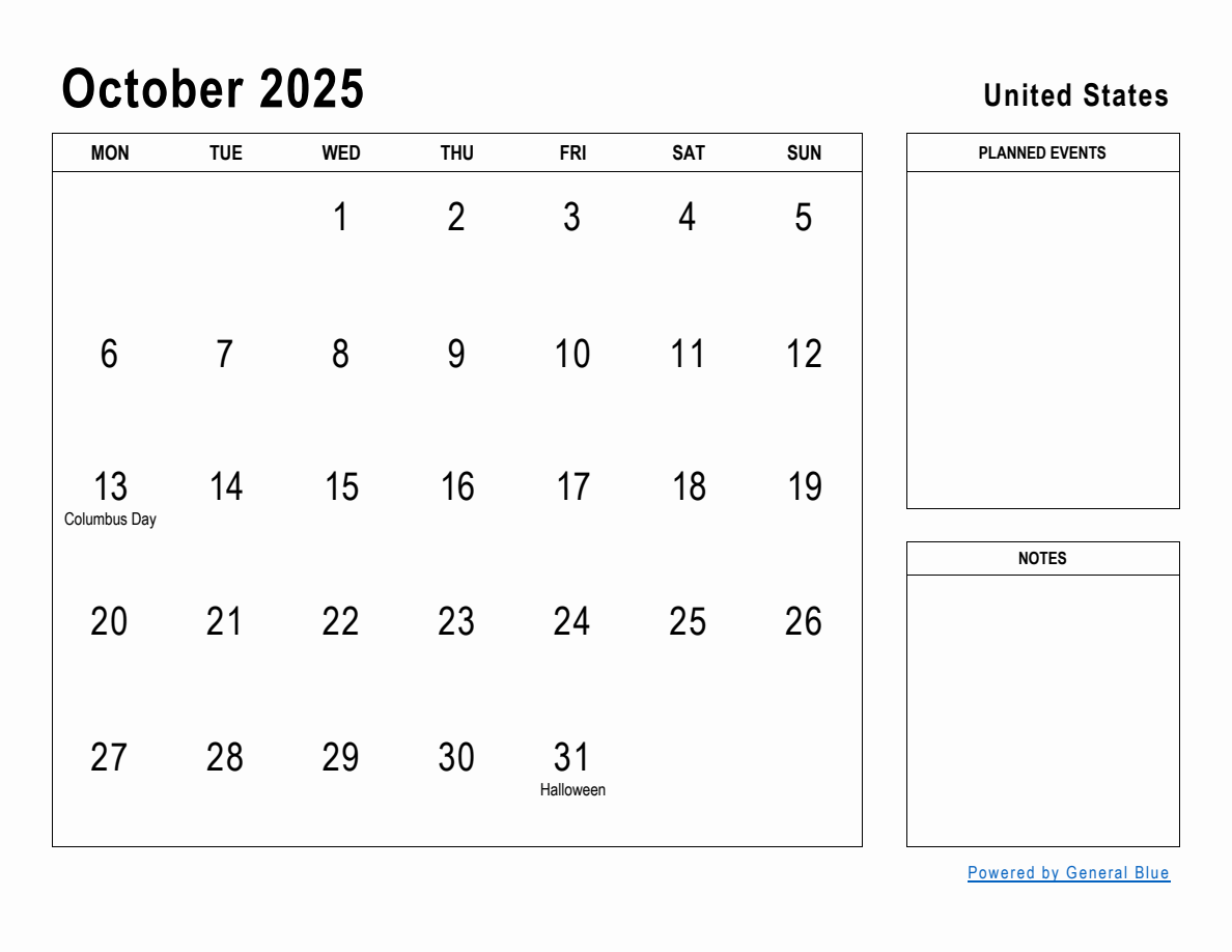 October 2025 Planner with United States Holidays