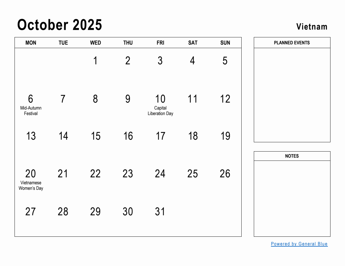 October 2025 Planner with Vietnam Holidays